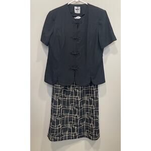 Leslie Fay Skirt Suit Set Black Ebroidered Geometric Women's Sz 12P